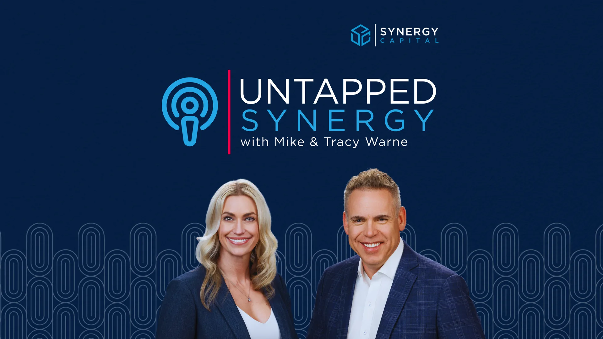 Main banner for the Untapped Synergy podcast, featuring Mike and Tracy Warne against a professional dark blue geometric background with the show logo.